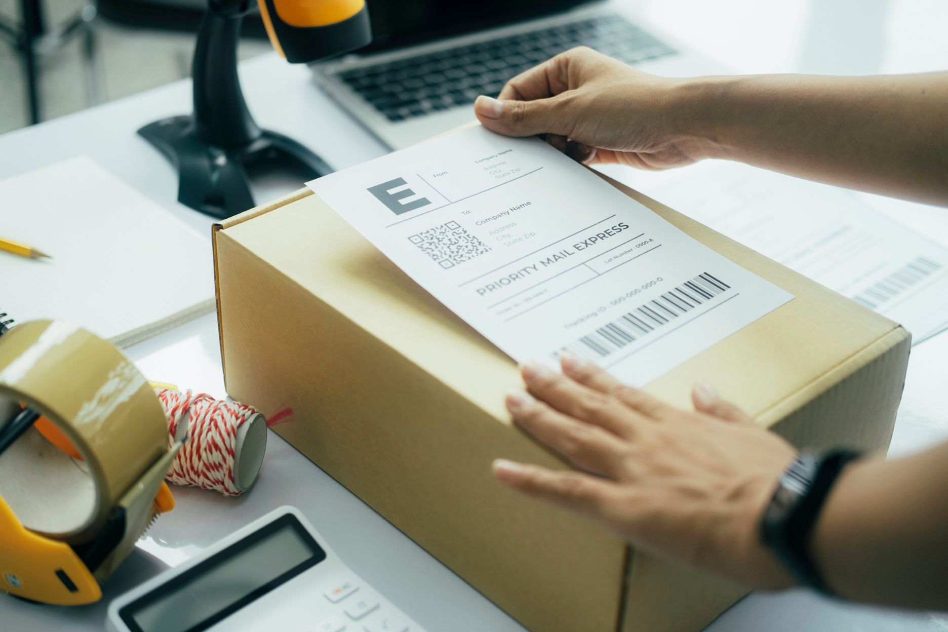 Young business owner putting shipping label on parcel.